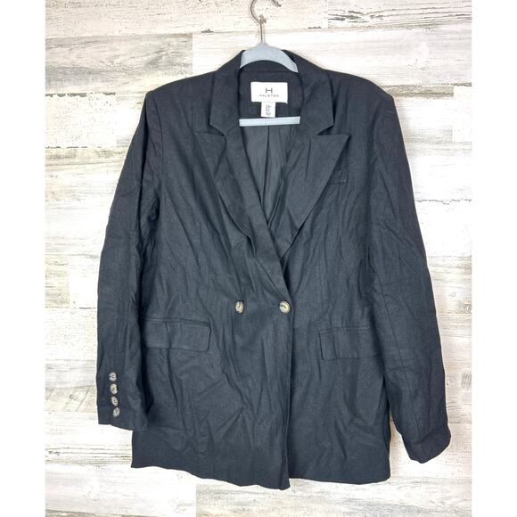 Halston Women’s M Black Linen Blend Lined Blazer Coat Jacket button-up - Picture 1 of 6